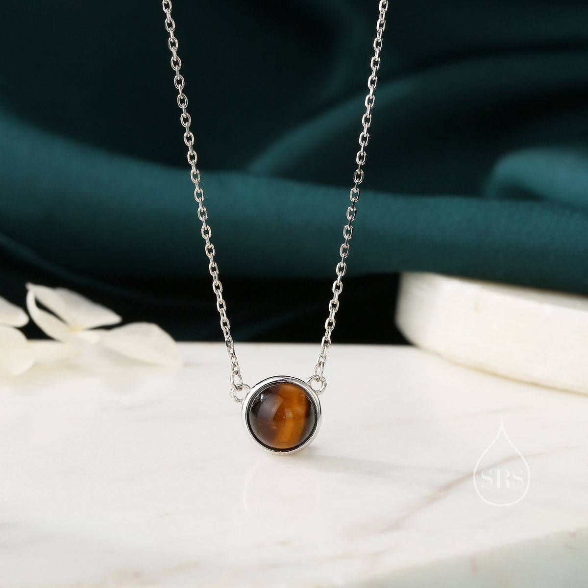 Sterling Silver Genuine Tiger's Eye Dainty Coin Pendant Necklace - Delicate Tiger Eye Stone Coin Necklace
