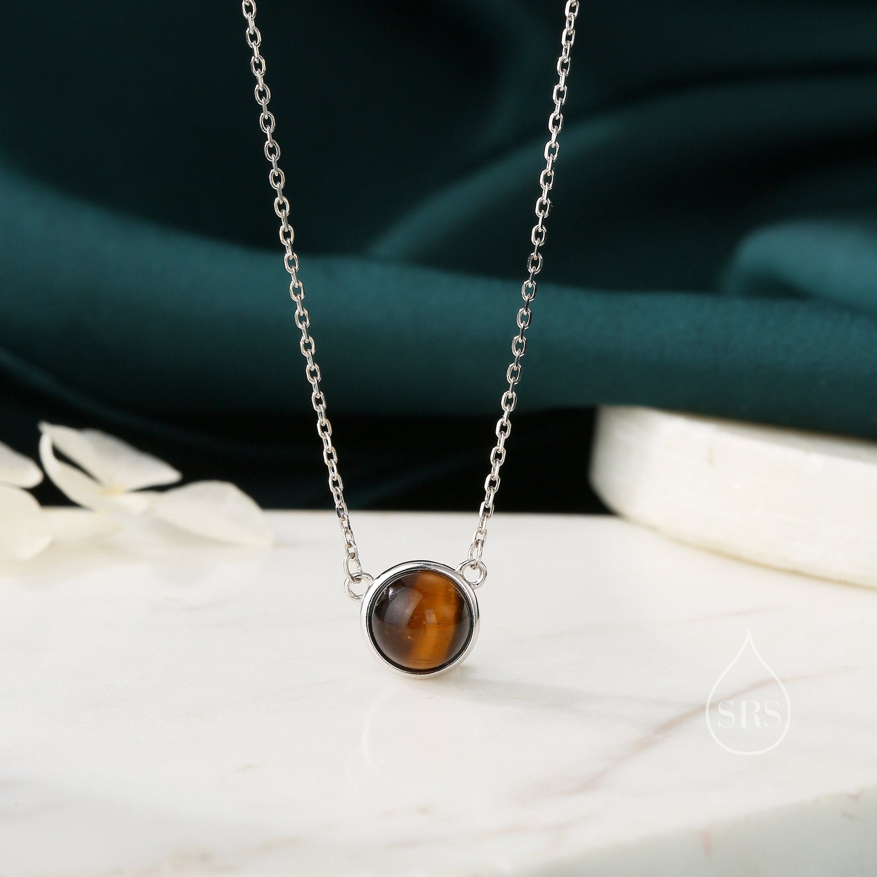 Sterling Silver Genuine Tiger's Eye Dainty Coin Pendant Necklace - Delicate Tiger Eye Stone Coin Necklace