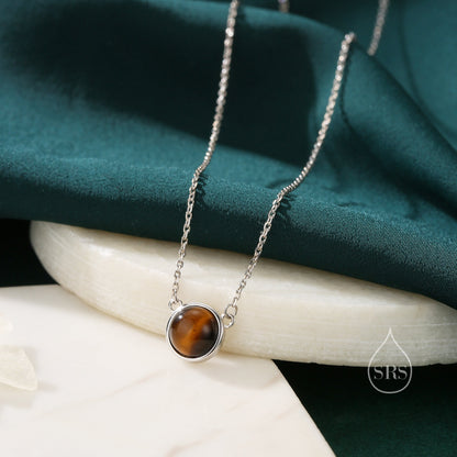 Sterling Silver Genuine Tiger&#39;s Eye Dainty Coin Pendant Necklace - Delicate Tiger Eye Stone Coin Necklace