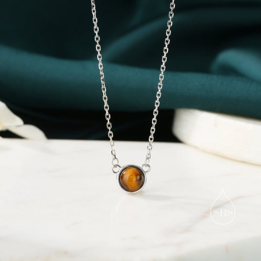 Sterling Silver Genuine Tiger's Eye Dainty Coin Pendant Necklace - Delicate Tiger Eye Stone Coin Necklace