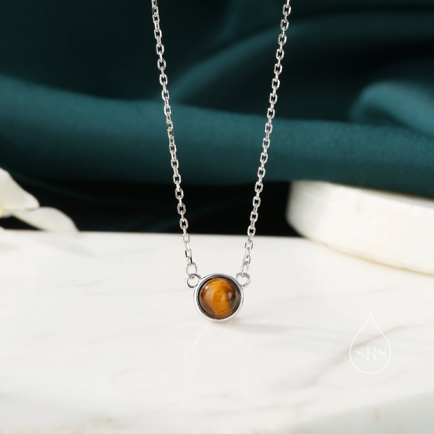 Sterling Silver Genuine Tiger&#39;s Eye Dainty Coin Pendant Necklace - Delicate Tiger Eye Stone Coin Necklace