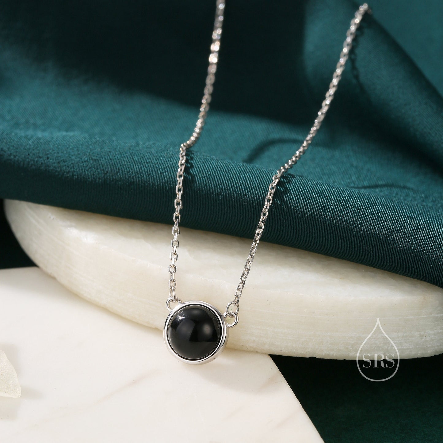 Sterling Silver Genuine Black Onyx Dainty Coin Pendant Necklace - Delicate Black Onyx Stone Coin Necklace