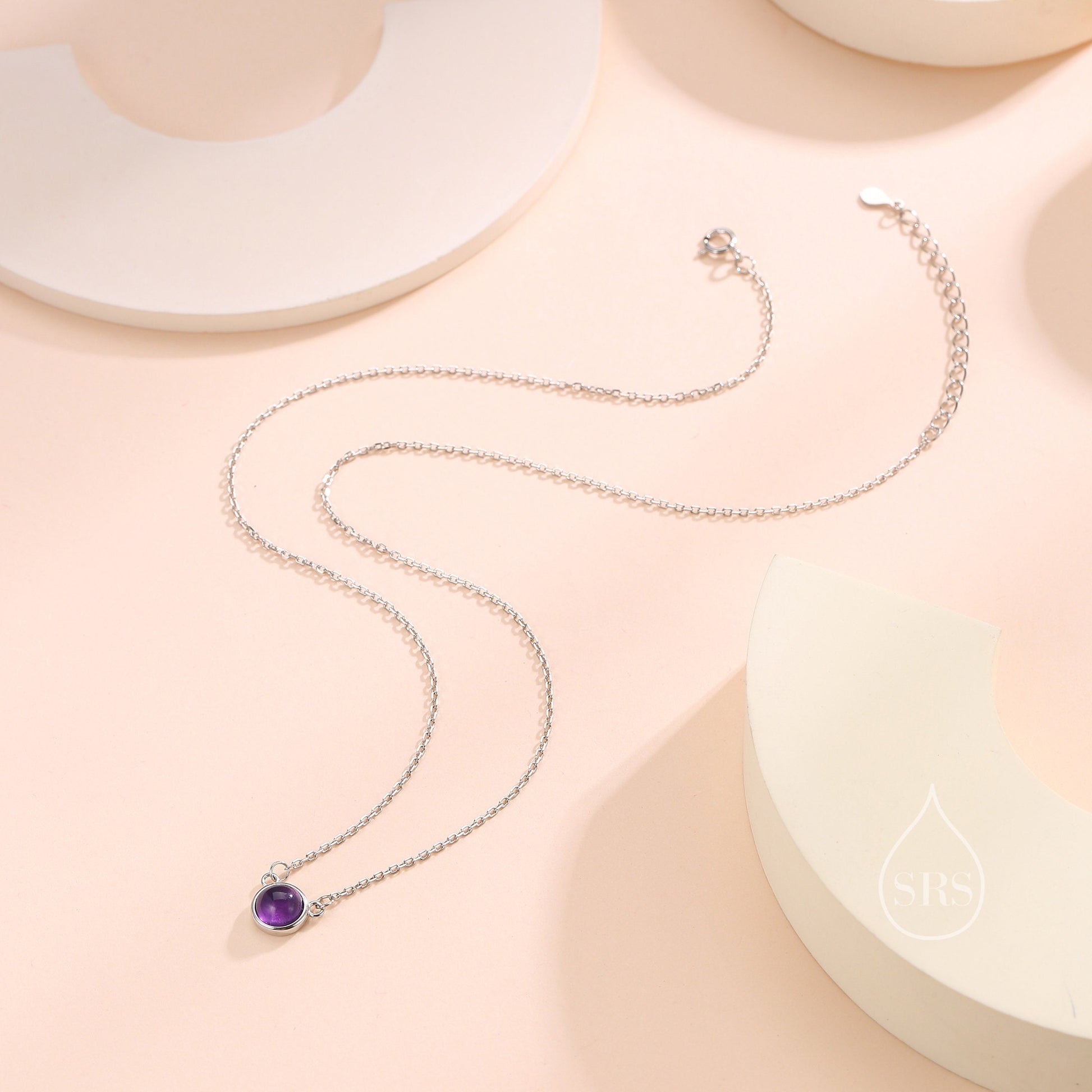 Sterling Silver Genuine Purple Amethyst Dainty Coin Pendant Necklace - Delicate Purple Amethyst Stone Coin Necklace, February Birthstone