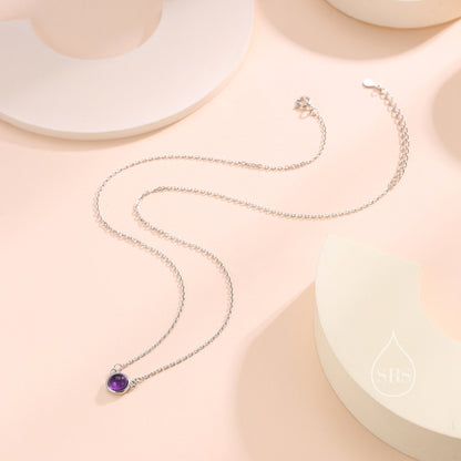 Sterling Silver Genuine Purple Amethyst Dainty Coin Pendant Necklace - Delicate Purple Amethyst Stone Coin Necklace, February Birthstone