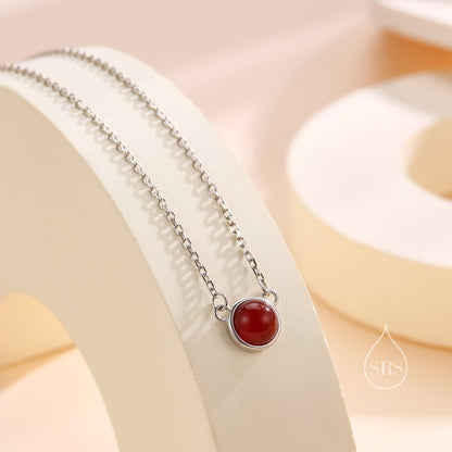 Sterling Silver Genuine Red Onyx Dainty Coin Pendant Necklace - Delicate Red Chalcedony Stone Coin Necklace, January Birthstone