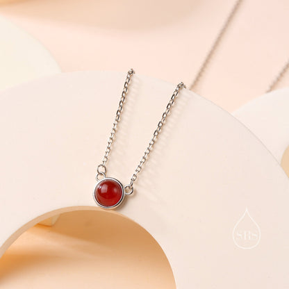 Sterling Silver Genuine Red Onyx Dainty Coin Pendant Necklace - Delicate Red Chalcedony Stone Coin Necklace, January Birthstone