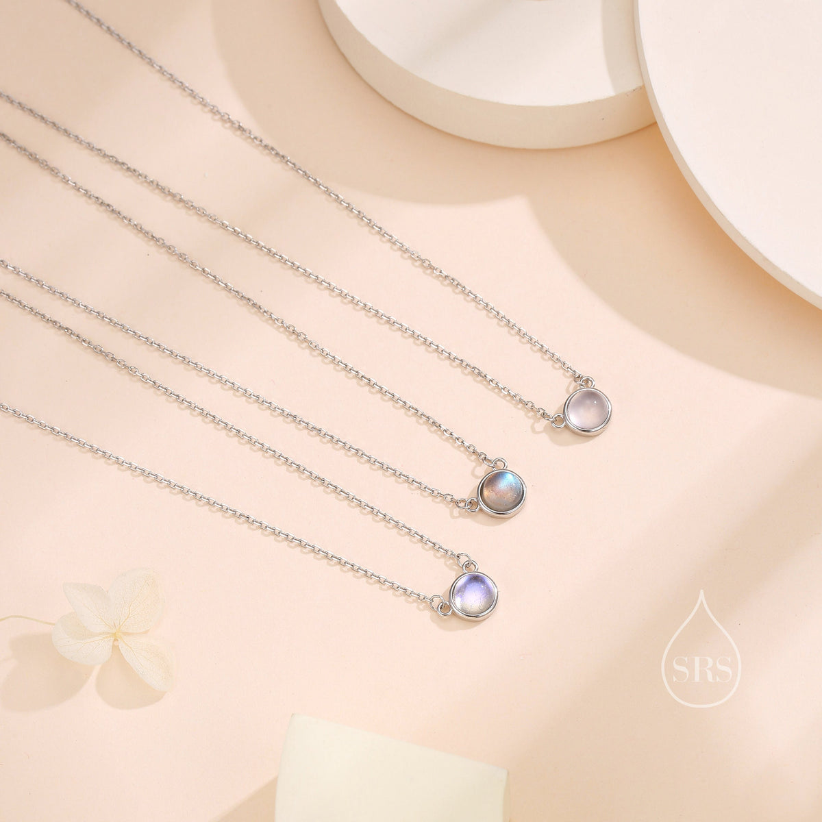 Sterling Silver Moonstone Dainty Coin Pendant Necklace - Delicate Lab Moonstone Coin Necklace