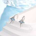 Sterling Silver Manta Ray Fish Drop Hook Earrings with Blue CZ, Stingray Dangle Hoop Earrings, Dainty Fish Dangle Earrings