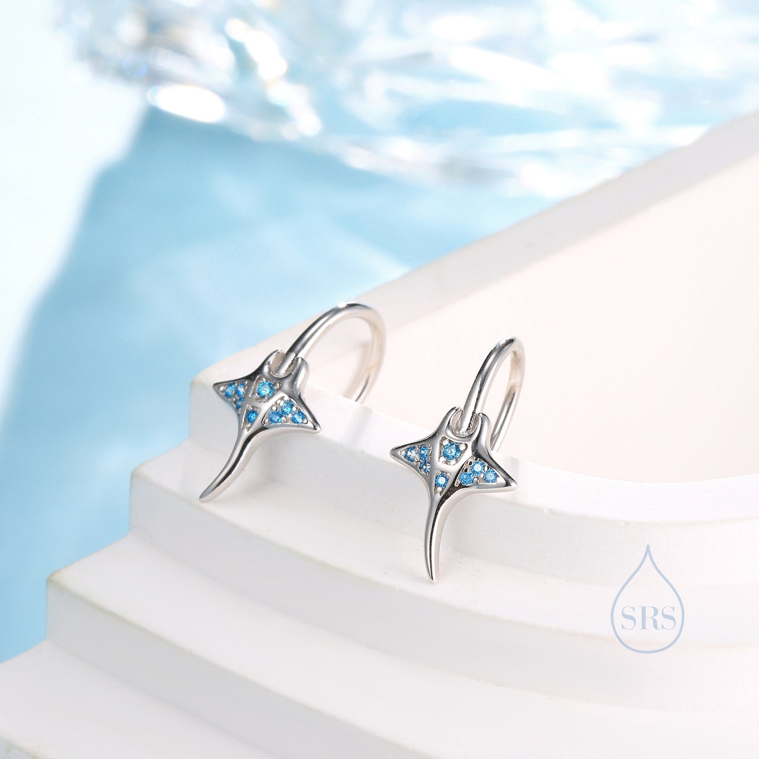 Sterling Silver Manta Ray Fish Drop Hook Earrings with Blue CZ, Stingray Dangle Hoop Earrings, Dainty Fish Dangle Earrings