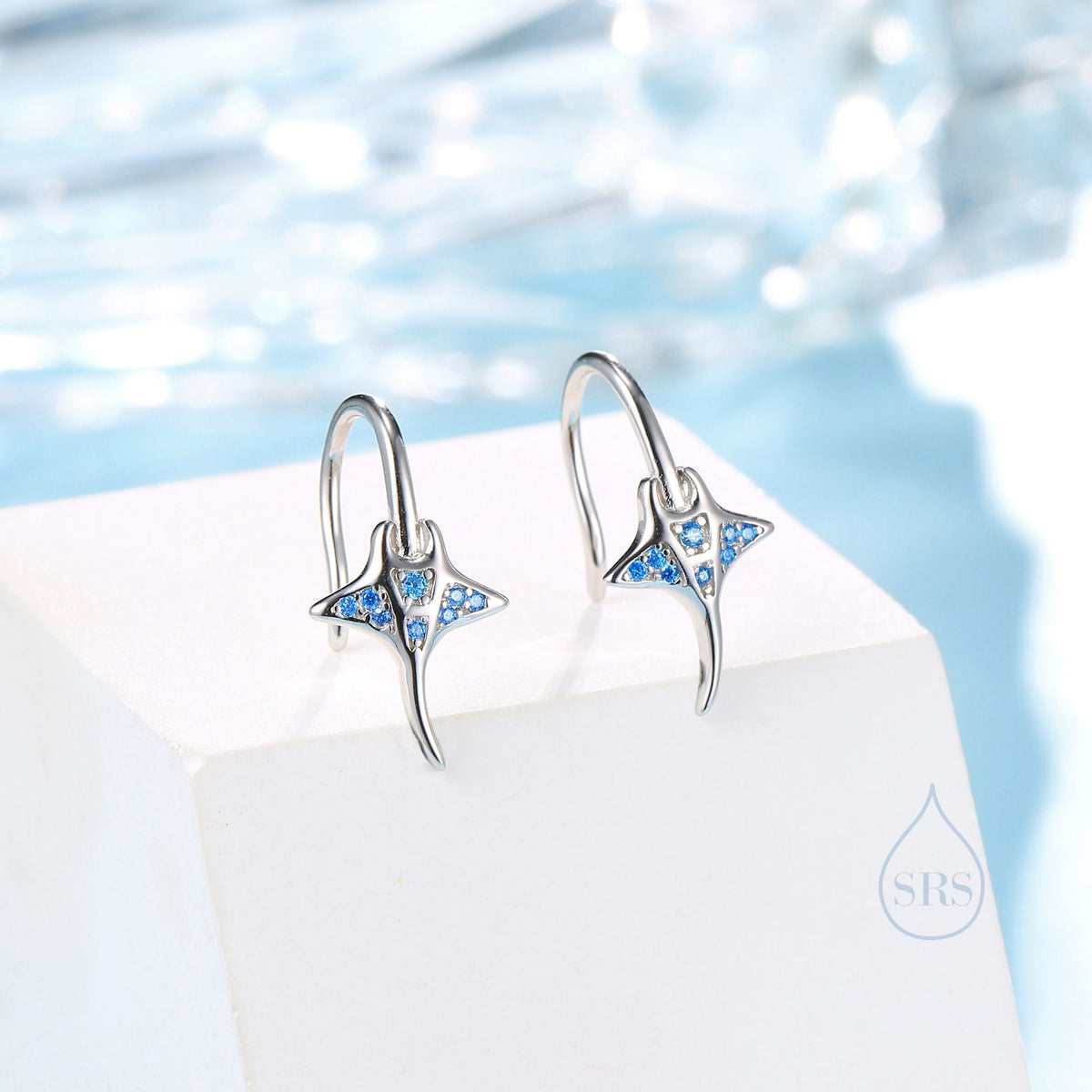 Sterling Silver Manta Ray Fish Drop Hook Earrings with Blue CZ, Stingray Dangle Hoop Earrings, Dainty Fish Dangle Earrings