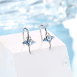 Sterling Silver Manta Ray Fish Drop Hook Earrings with Blue CZ, Stingray Dangle Hoop Earrings, Dainty Fish Dangle Earrings