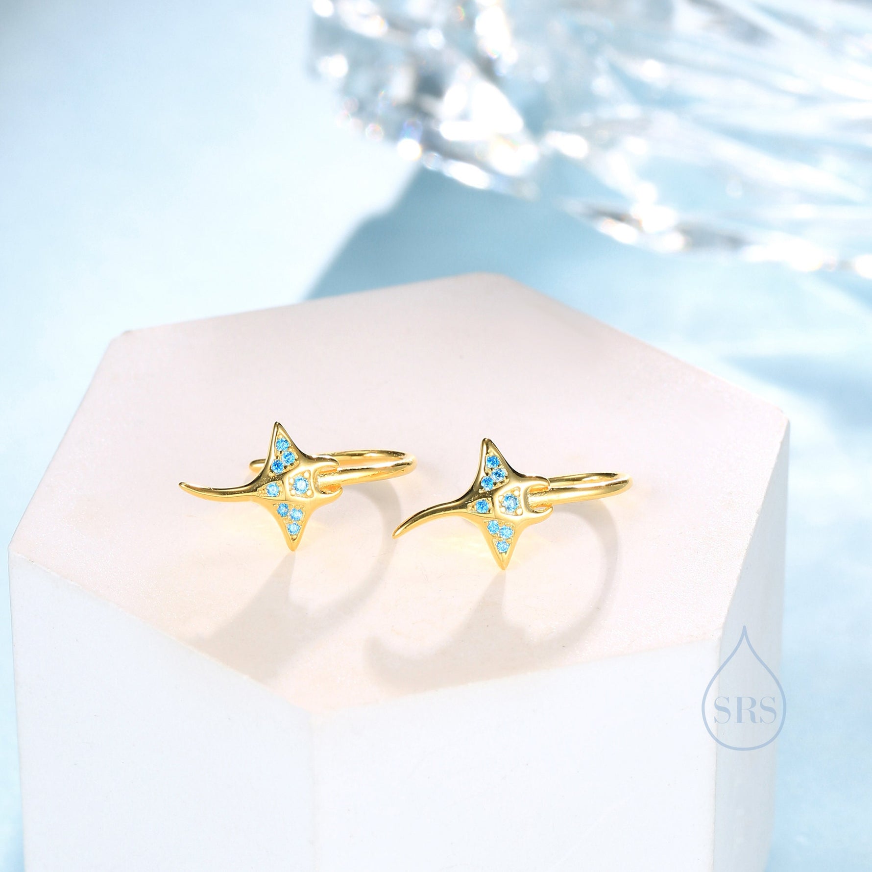 Sterling Silver Manta Ray Fish Drop Hook Earrings with Blue CZ, Stingray Dangle Hoop Earrings, Dainty Fish Dangle Earrings