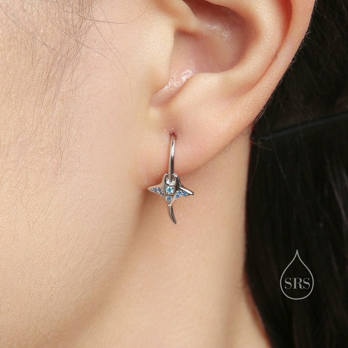 Sterling Silver Manta Ray Fish Drop Hook Earrings with Blue CZ, Stingray Dangle Hoop Earrings, Dainty Fish Dangle Earrings