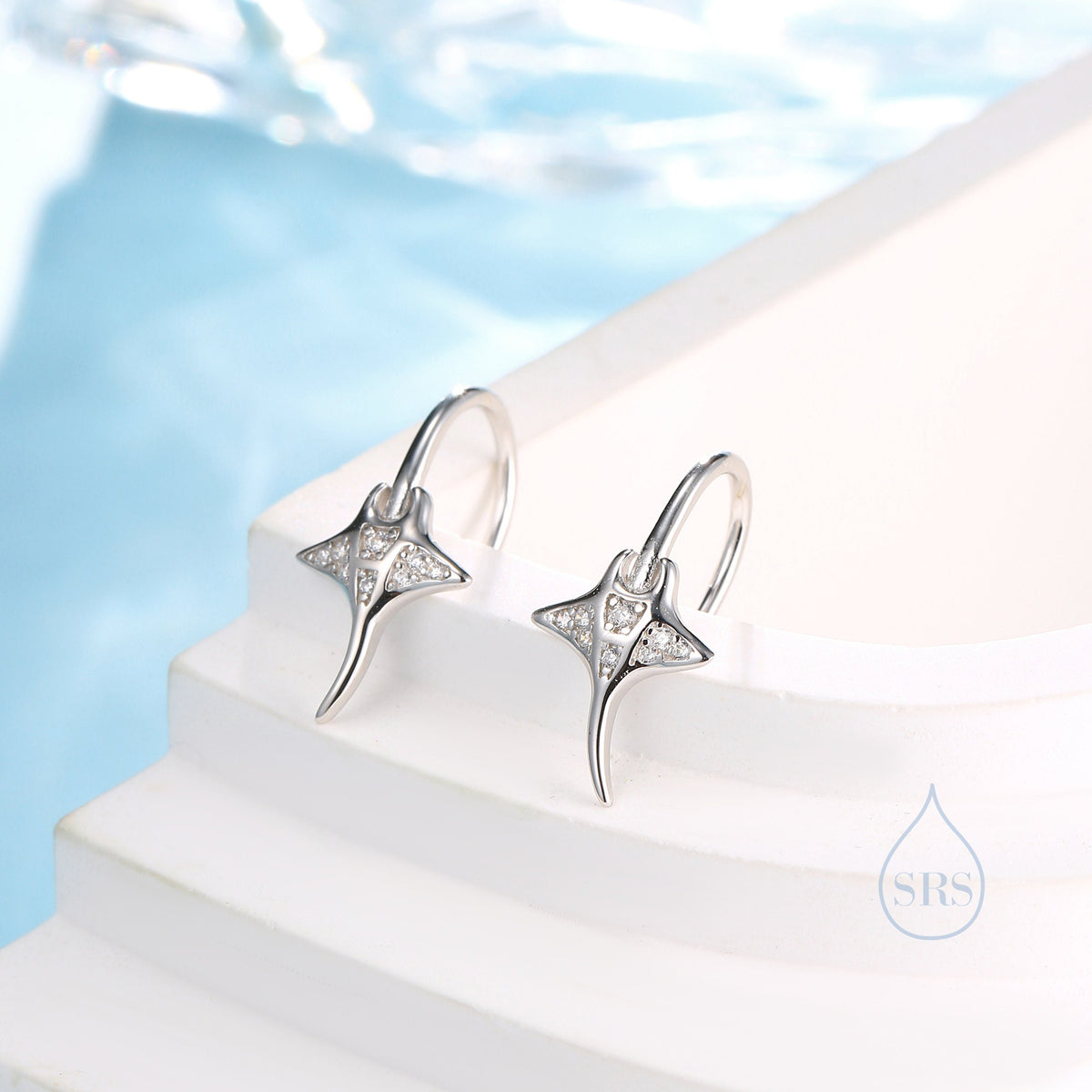 Sterling Silver Manta Ray Fish Drop Hook Earrings with CZ, Stingray Dangle Hoop Earrings, Dainty Zircon Fish Dangle Earrings