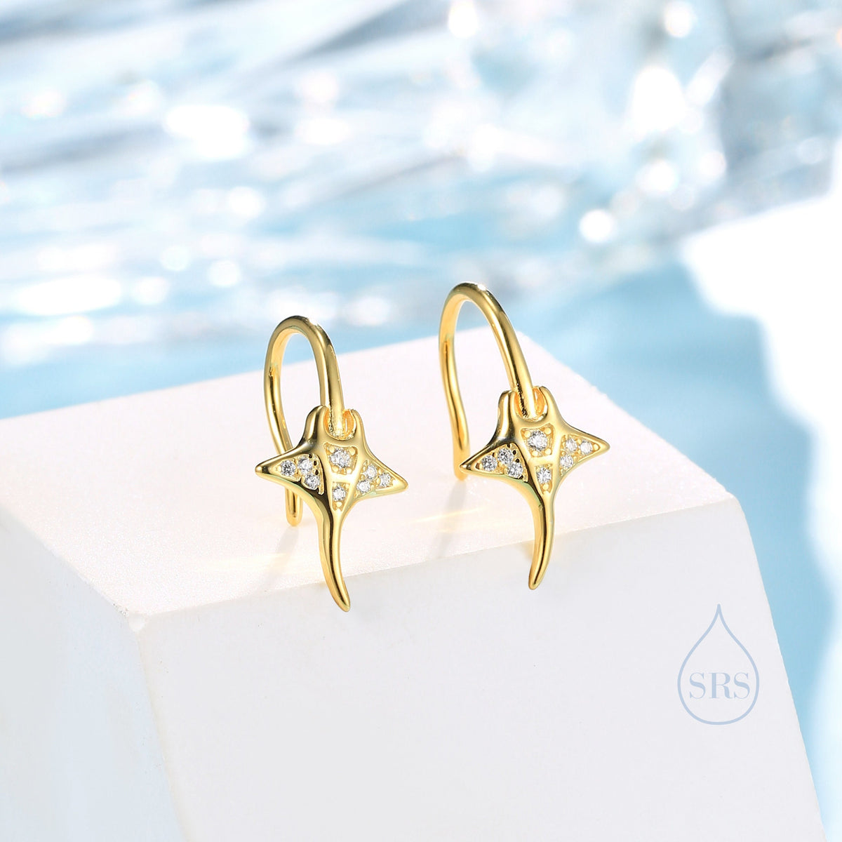 Sterling Silver Manta Ray Fish Drop Hook Earrings with CZ, Stingray Dangle Hoop Earrings, Dainty Zircon Fish Dangle Earrings