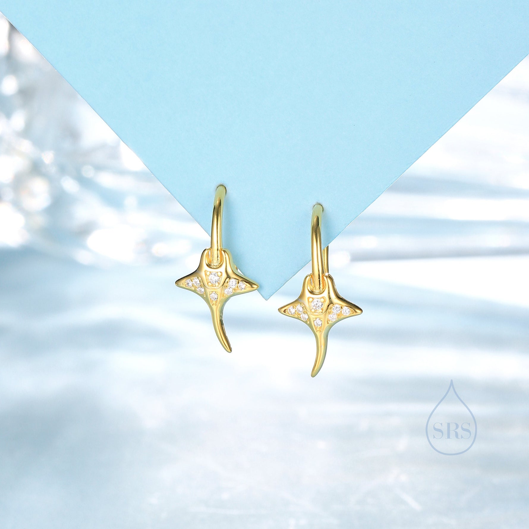 Sterling Silver Manta Ray Fish Drop Hook Earrings with CZ, Stingray Dangle Hoop Earrings, Dainty Zircon Fish Dangle Earrings