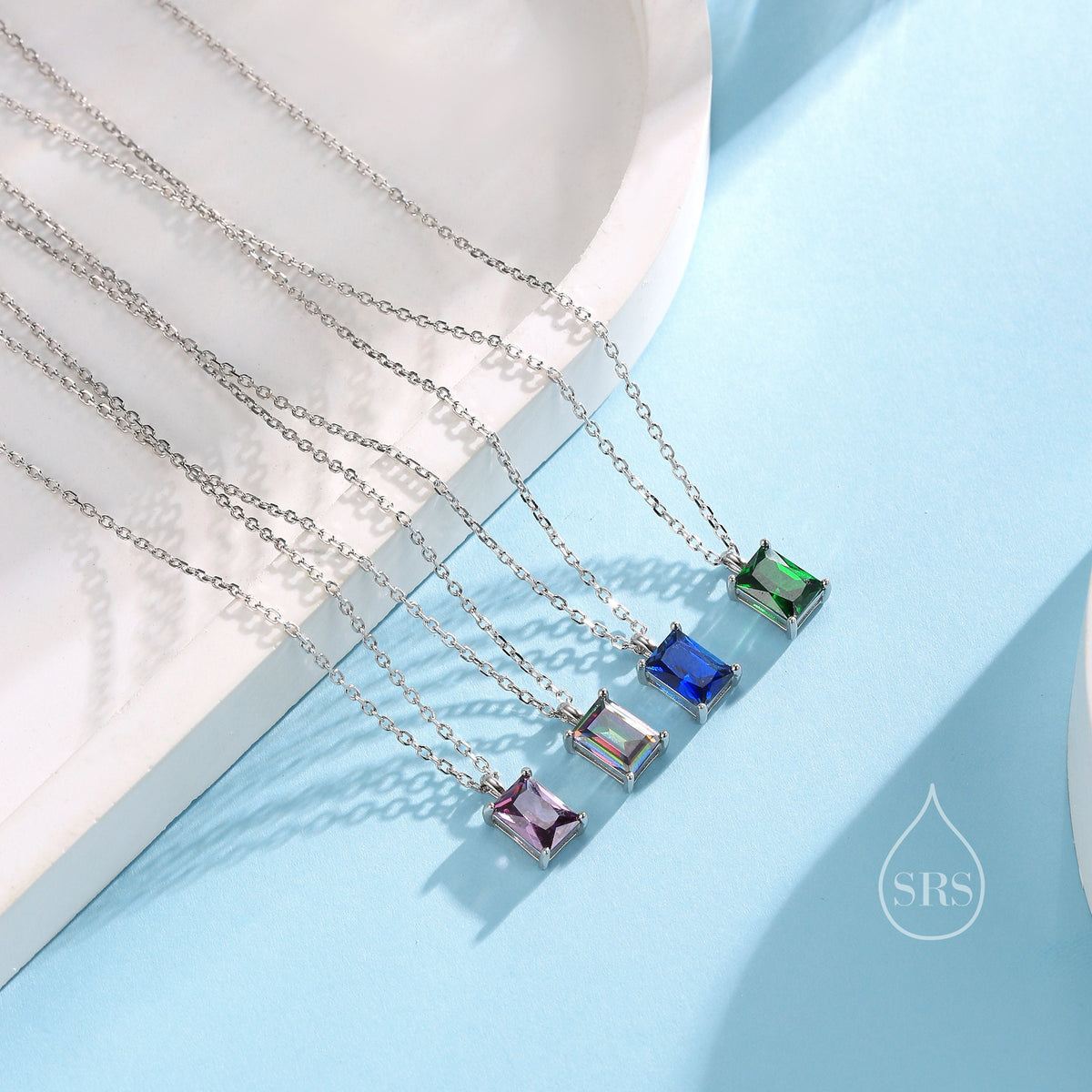 Emerald Cut Mystic Black CZ Pendant Necklace in Sterling Silver, Rectangular Cut Crystal Earrings, Mystic Topaz