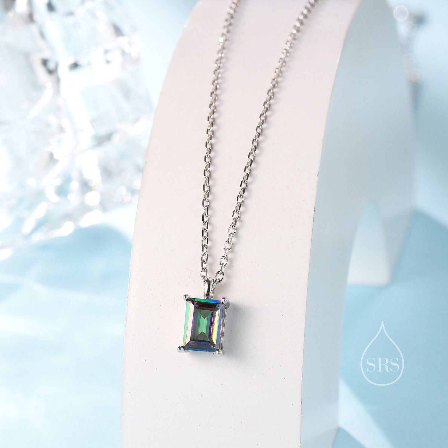 Emerald Cut Mystic Black CZ Pendant Necklace in Sterling Silver, Rectangular Cut Crystal Earrings, Mystic Topaz