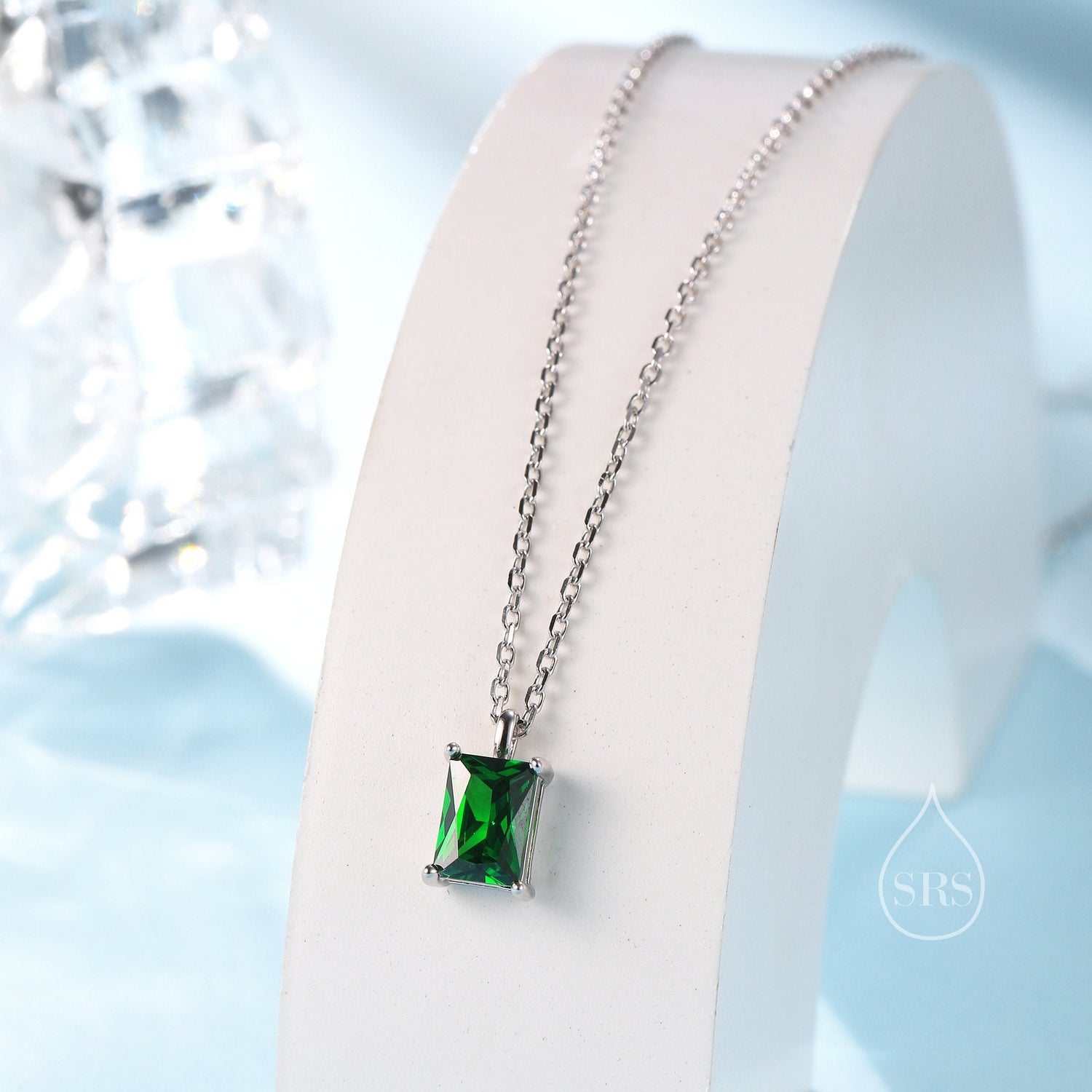 Emerald Cut Emerald Green CZ Pendant Necklace in Sterling Silver, Rectangular Cut Crystal Earrings, Green CZ Necklace
