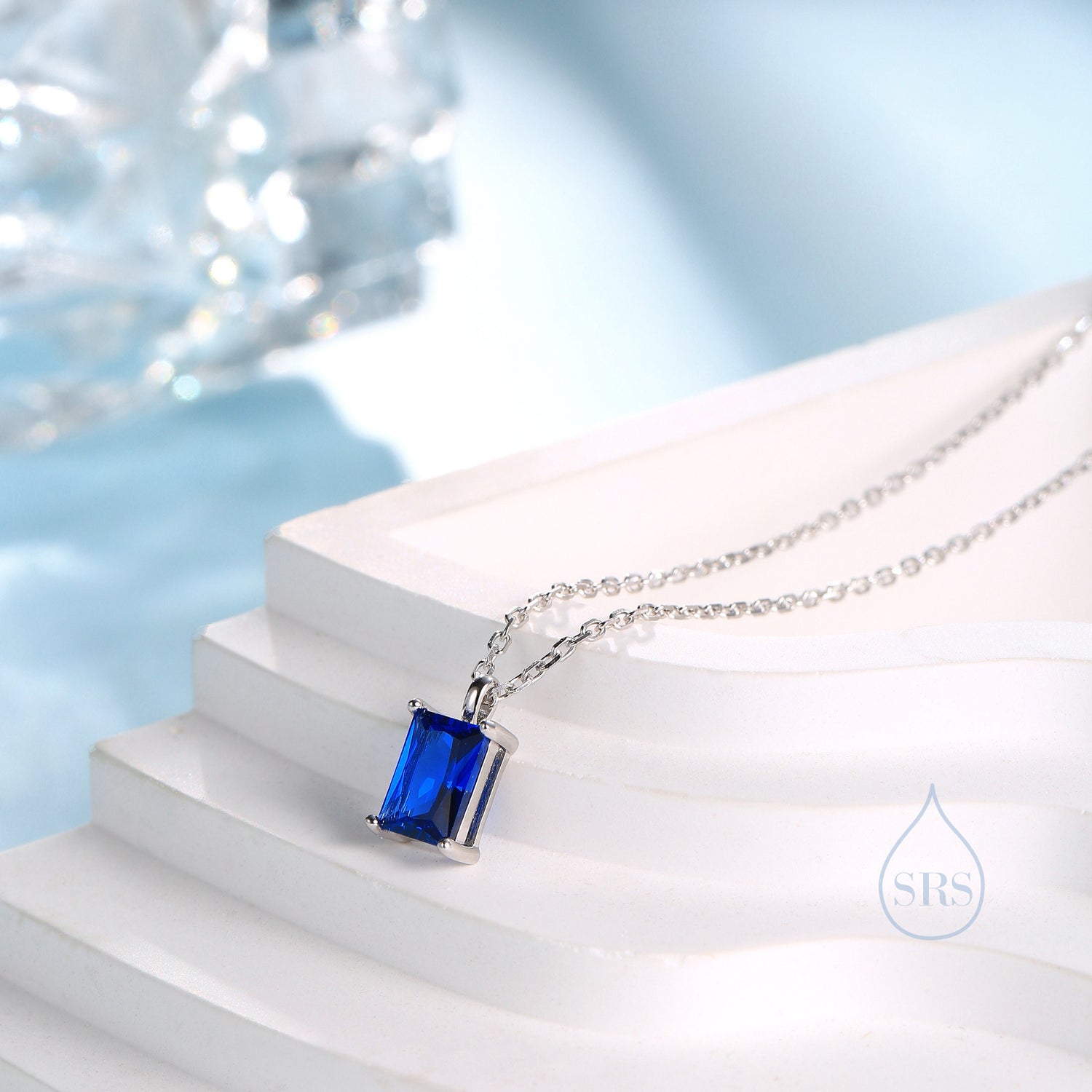 Sapphire Blue CZ Rectangular Cut Pendant Necklace