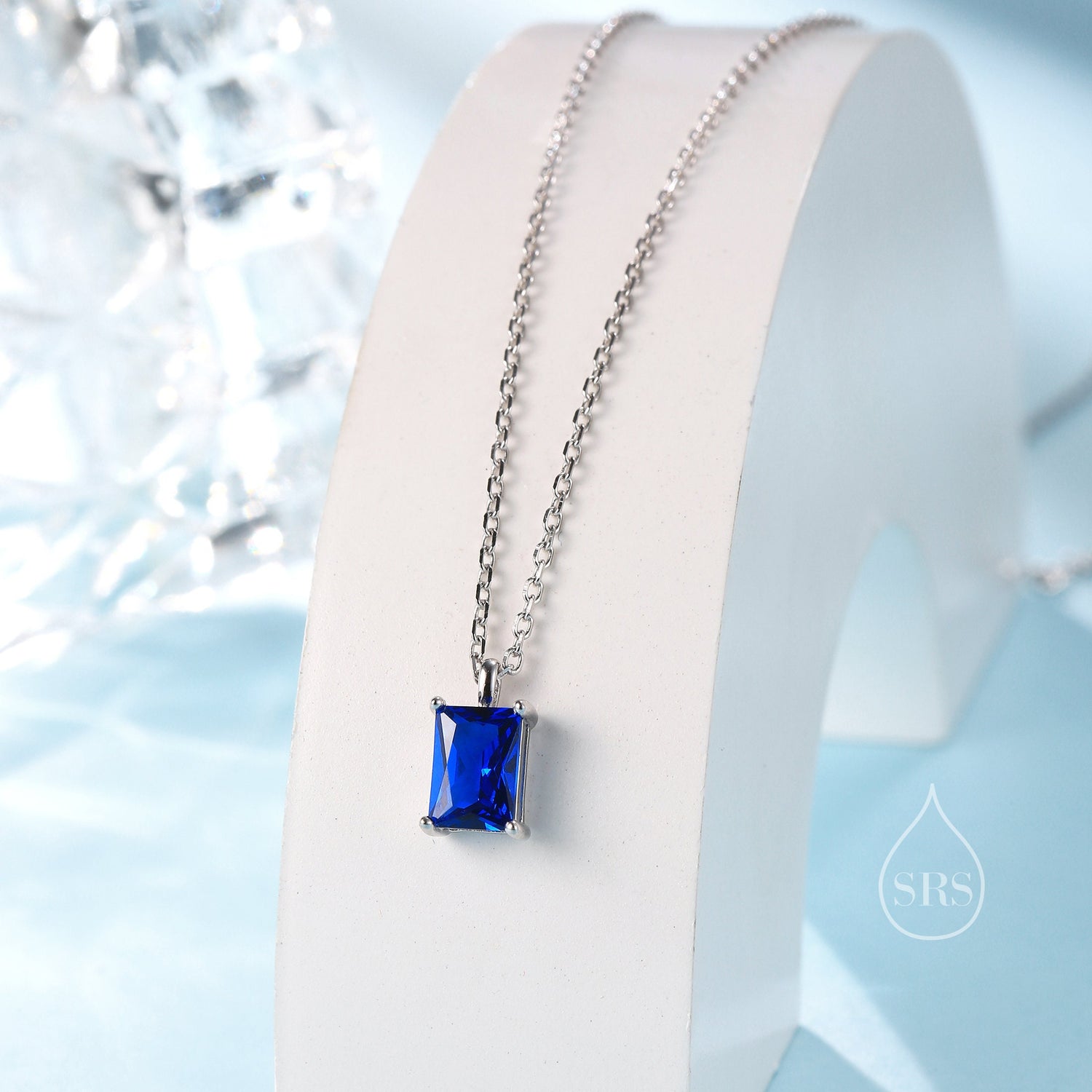 Sapphire Blue CZ Rectangular Cut Pendant Necklace
