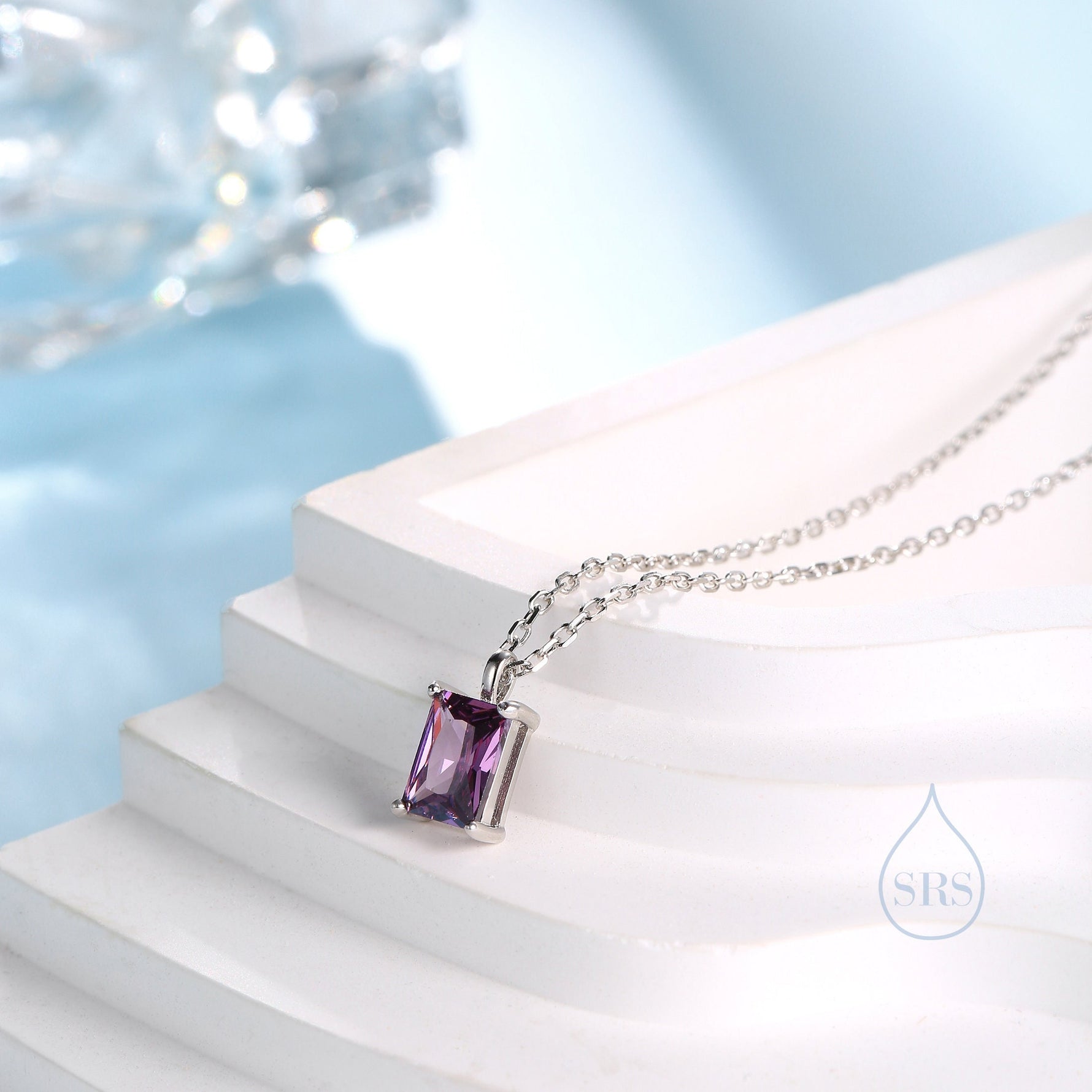 Emerald Cut Amethyst Purple CZ Pendant Necklace in Sterling Silver, Rectangular Cut Crystal Earrings, Purple CZ Necklace