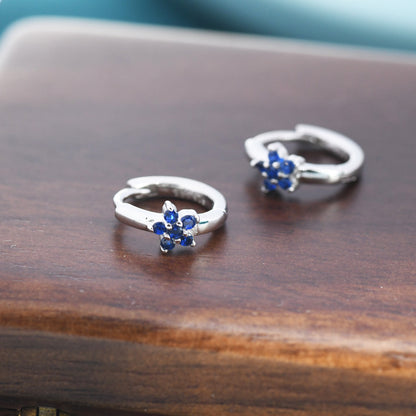 Tiny Sapphire Blue CZ Flower Huggie Hoops, CZ Hoop Earrings, Crystal Flower Huggie Earrings, September Birthstone