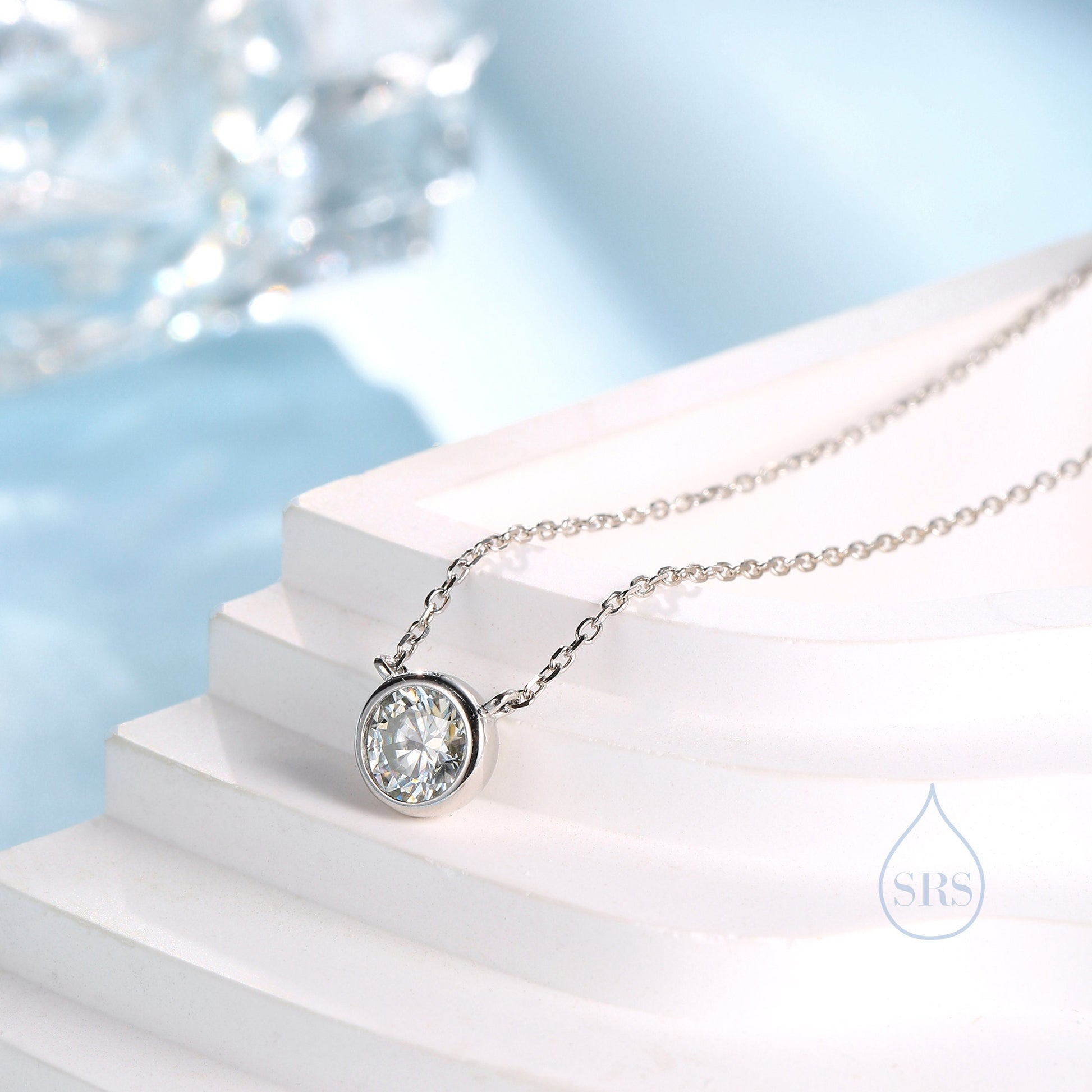 1 Carat Moissanite Solitaire Bezel Pendant Necklace in Sterling Silver, 1 Ct Moissanite Diamond Bubble Necklace, 6.5mm Moissanite