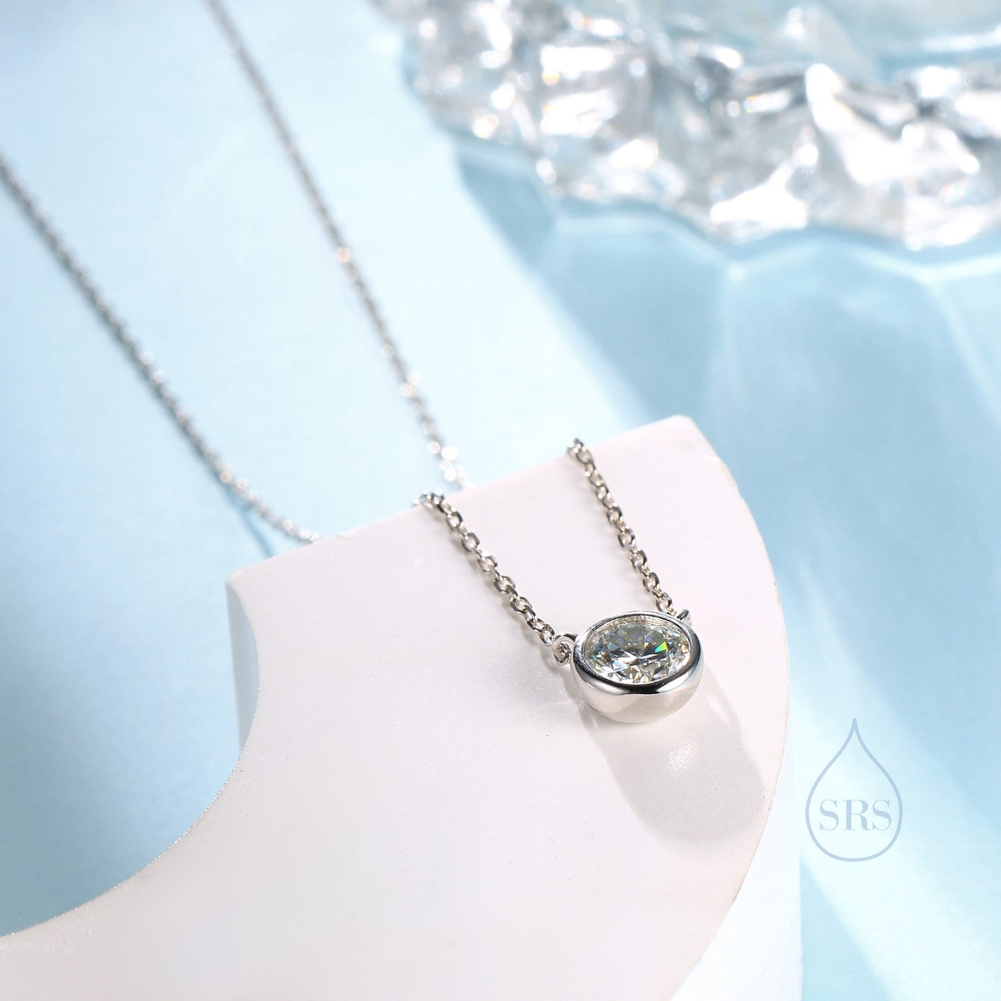 1 Carat Moissanite Solitaire Bezel Pendant Necklace  in Sterling Silver, 1 Ct Moissanite Diamond Bubble Necklace, 6.5mm Moissanite