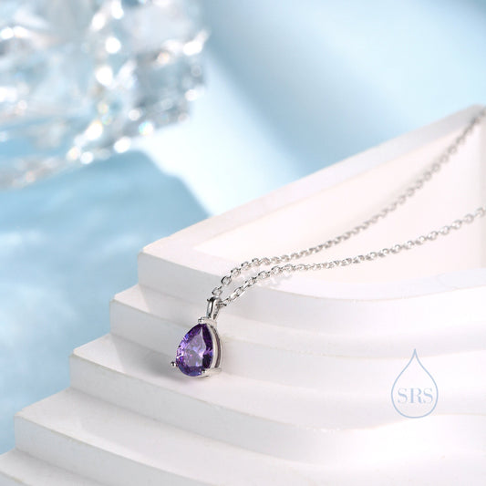 Amethyst Purple Droplet CZ Pendant Necklace  in Sterling Silver, Silver or Gold, Amethyst Purple Pear Cut CZ Necklace