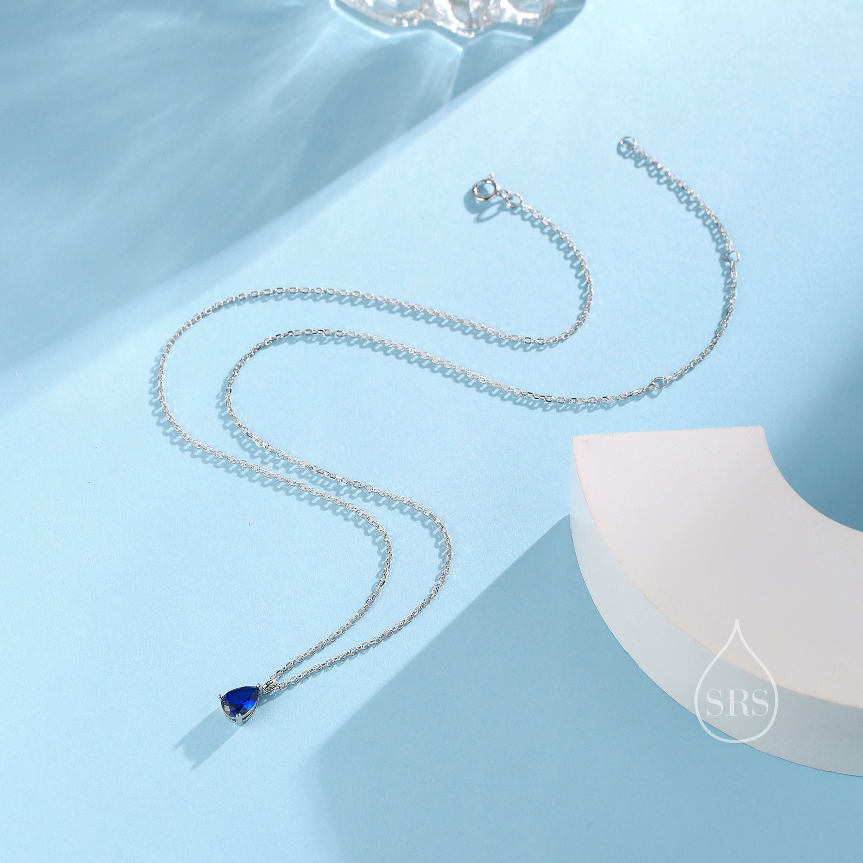 Sapphire Blue Droplet CZ Pendant Necklace in Sterling Silver, Silver or Gold, Sapphire Blue Pear Cut CZ Necklace, September Birthstone