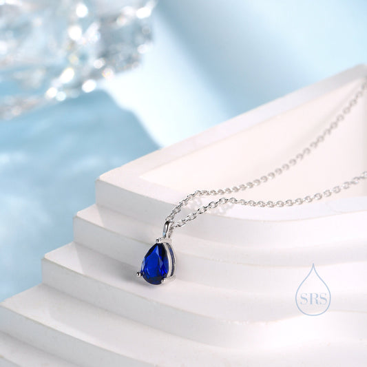 Sapphire Blue Droplet CZ Pendant Necklace  in Sterling Silver, Silver or Gold, Sapphire Blue Pear Cut CZ Necklace, September Birthstone