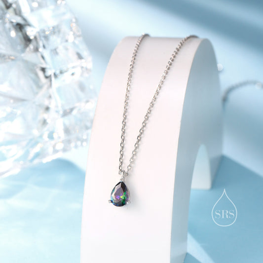 Mystic Black Droplet CZ Pendant Necklace  in Sterling Silver, Pear Cut CZ Necklace, Aurora, Mystic Topaz