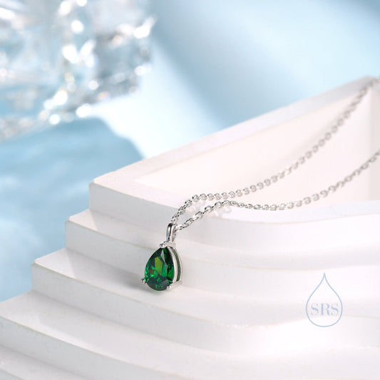 Emerald Green Droplet CZ Pendant Necklace in Sterling Silver, Pear Cut CZ Necklace, Green Necklace, May Birthstone