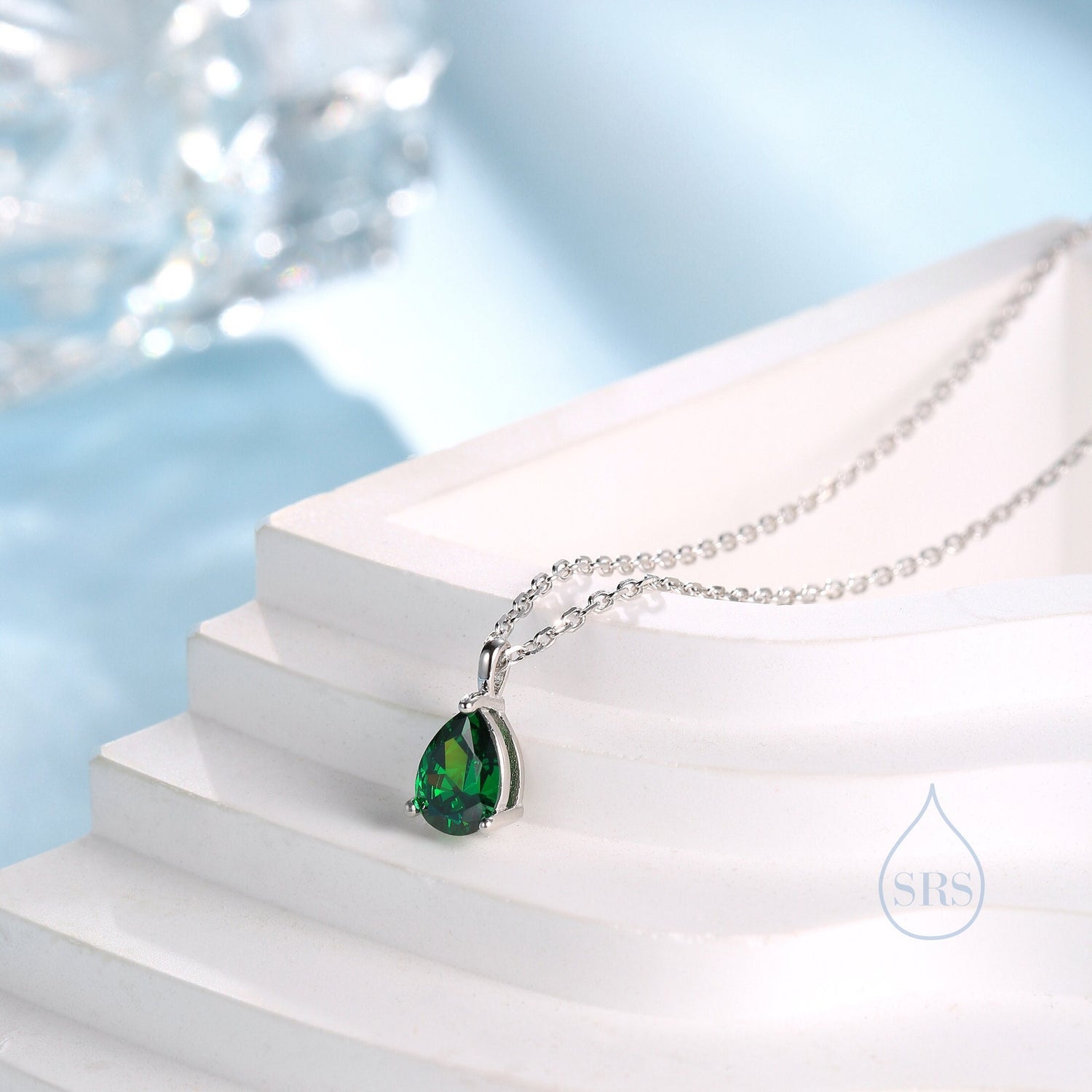 Emerald Green Droplet CZ Pendant Necklace in Sterling Silver, Pear Cut CZ Necklace, Green Necklace, May Birthstone