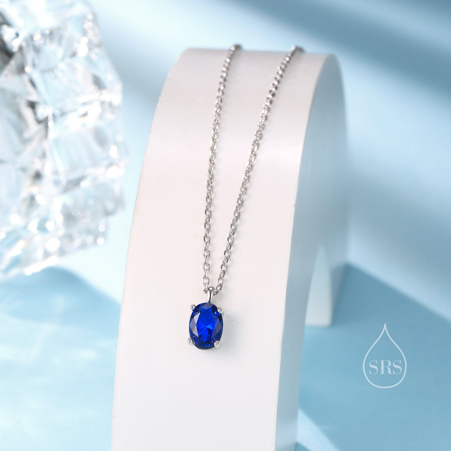 Sapphire Blue CZ Oval Pendant Necklace