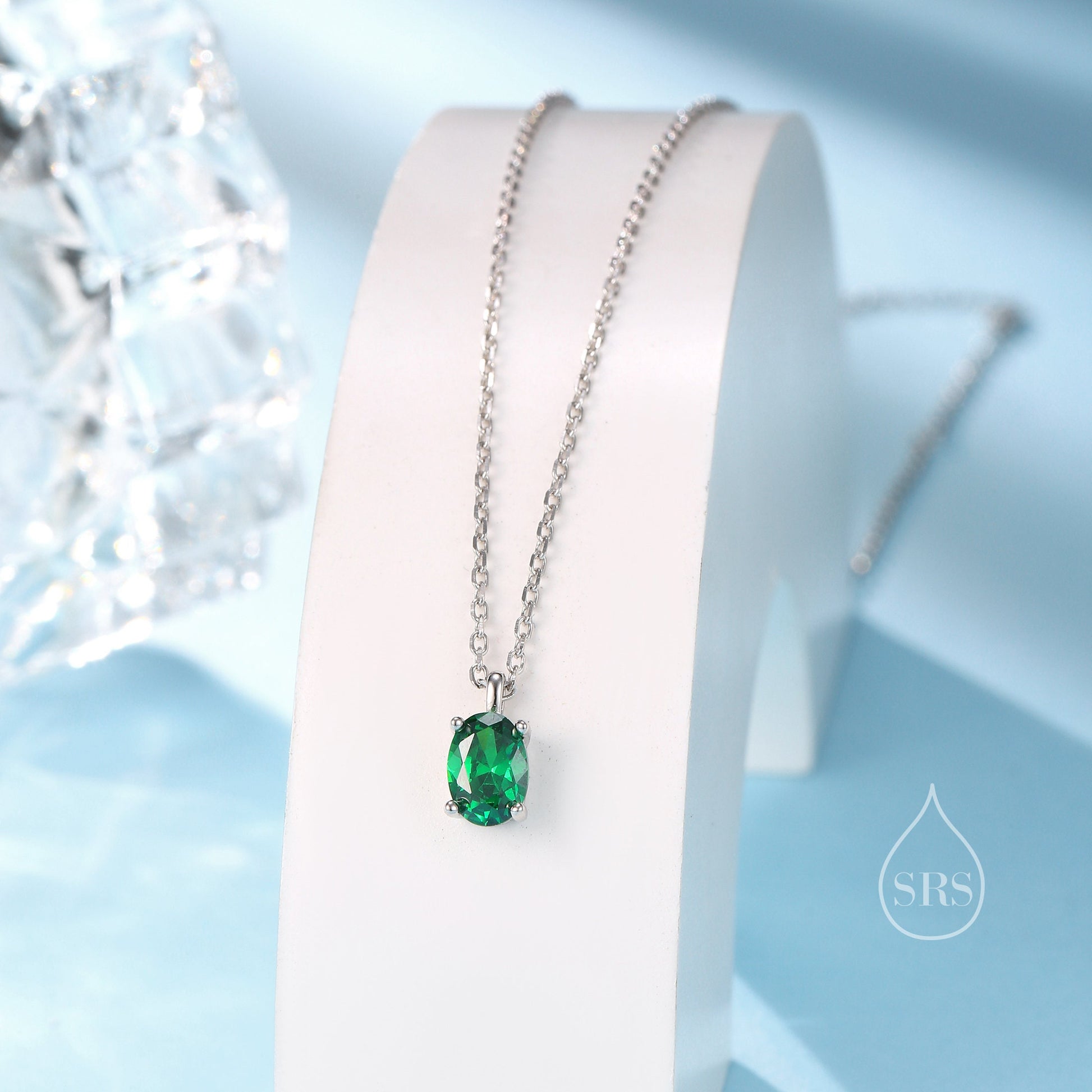 Emerald Green Oval CZ Pendant Necklace in Sterling Silver, Silver or Gold, Oval Cut CZ Necklace, May Birthstone