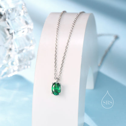 Emerald Green Oval CZ Pendant Necklace in Sterling Silver, Silver or Gold, Oval Cut CZ Necklace, May Birthstone