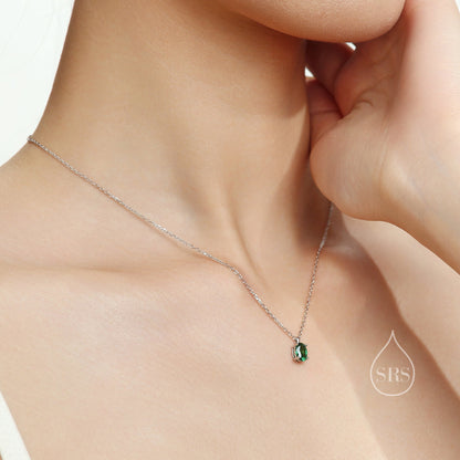 Emerald Green Oval CZ Pendant Necklace in Sterling Silver, Silver or Gold, Oval Cut CZ Necklace, May Birthstone