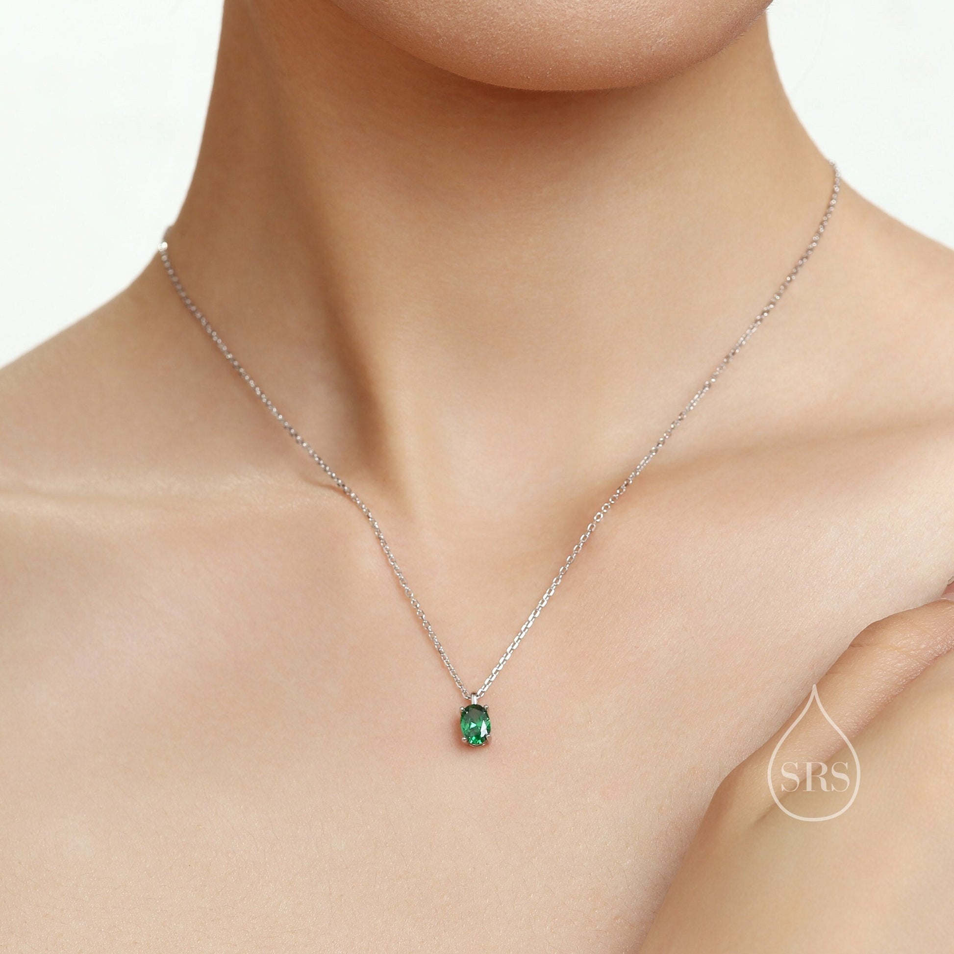 Emerald Green Oval CZ Pendant Necklace in Sterling Silver, Silver or Gold, Oval Cut CZ Necklace, May Birthstone