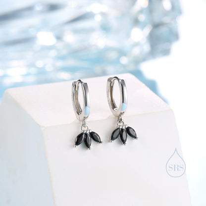 Black CZ Marquise Crown Huggie Hoop Earrings in Sterling Silver, Silver or Gold, Geometric Hoop Earrings