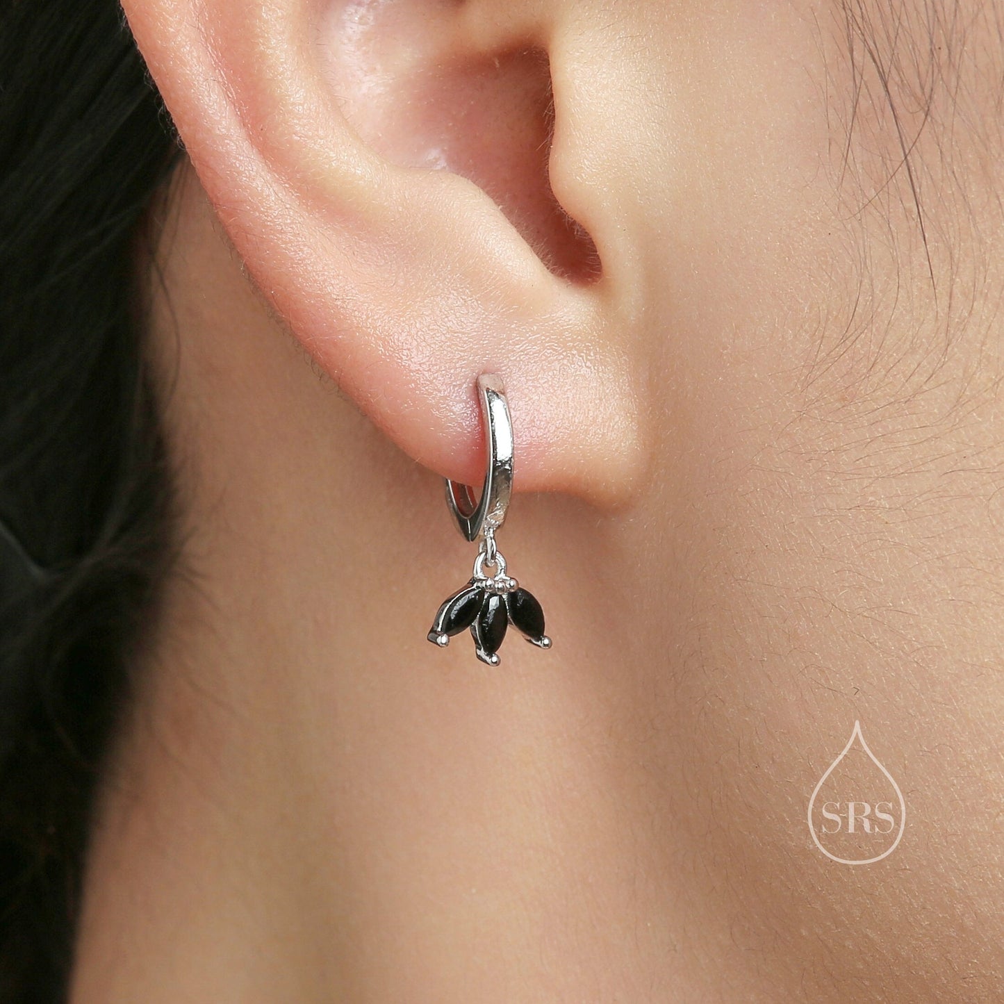 Mystic Black CZ Marquise Crown Huggie Hoop Earrings in Sterling Silver, Silver or Gold, Geometric Hoop Earrings, Mystic Topaz