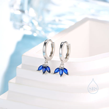 Sapphire Blue CZ Marquise Crown Huggie Hoop Earrings in Sterling Silver, Silver or Gold, Geometric Hoop Earrings