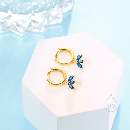 Sapphire Blue CZ Marquise Crown Huggie Hoop Earrings in Sterling Silver, Silver or Gold, Geometric Hoop Earrings