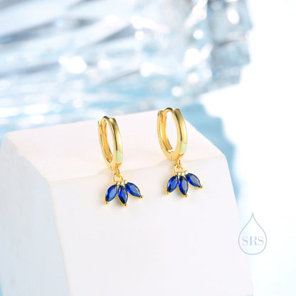 Sapphire Blue CZ Marquise Crown Huggie Hoop Earrings in Sterling Silver, Silver or Gold, Geometric Hoop Earrings