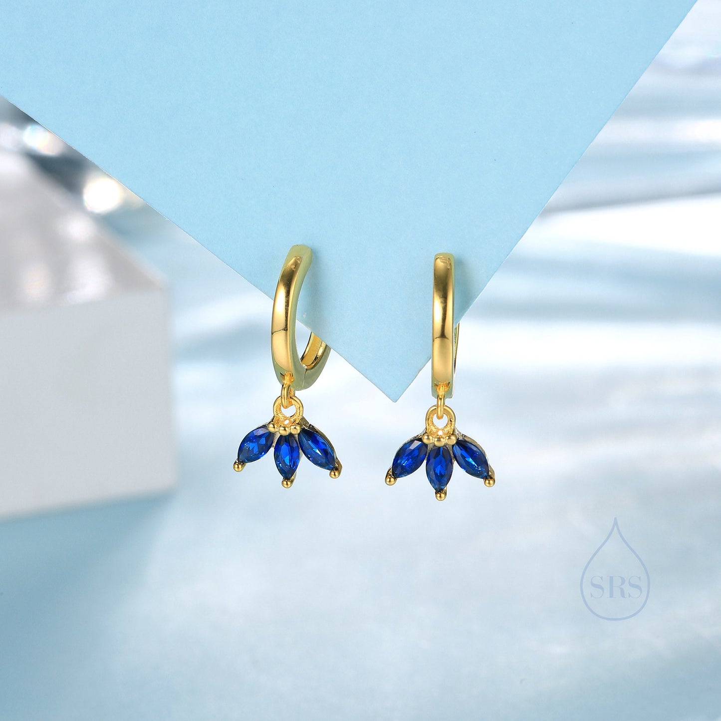 Sapphire Blue CZ Marquise Crown Huggie Hoop Earrings in Sterling Silver, Silver or Gold, Geometric Hoop Earrings