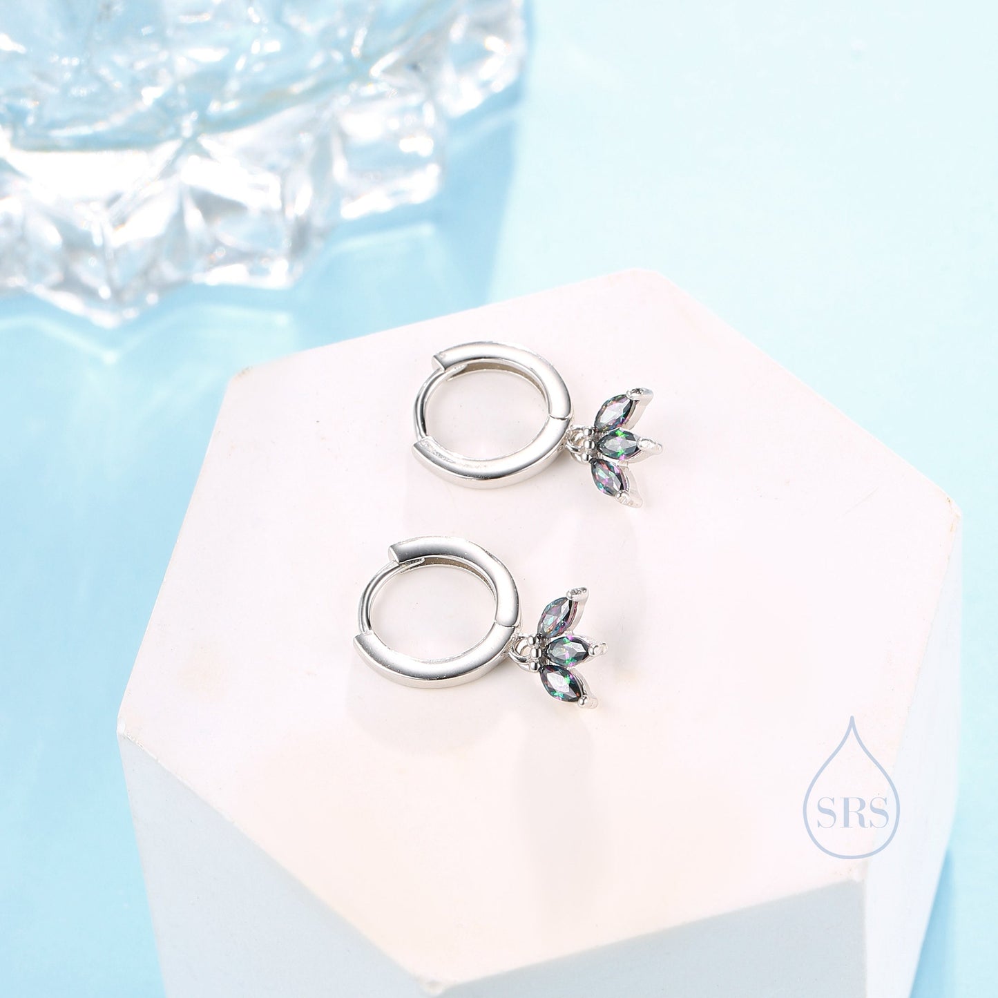 Mystic Black CZ Marquise Crown Huggie Hoop Earrings in Sterling Silver, Silver or Gold, Geometric Hoop Earrings, Mystic Topaz