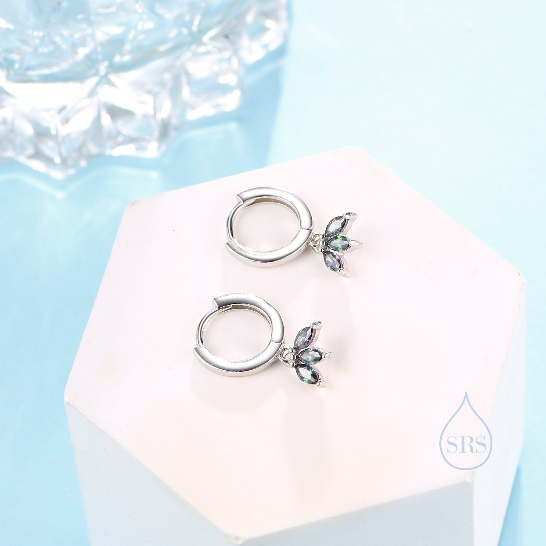 Mystic Black CZ Marquise Crown Huggie Hoop Earrings in Sterling Silver, Silver or Gold, Geometric Hoop Earrings, Mystic Topaz