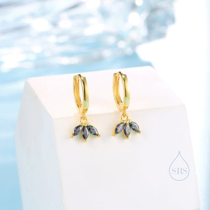 Mystic Black CZ Marquise Crown Huggie Hoop Earrings in Sterling Silver, Silver or Gold, Geometric Hoop Earrings, Mystic Topaz