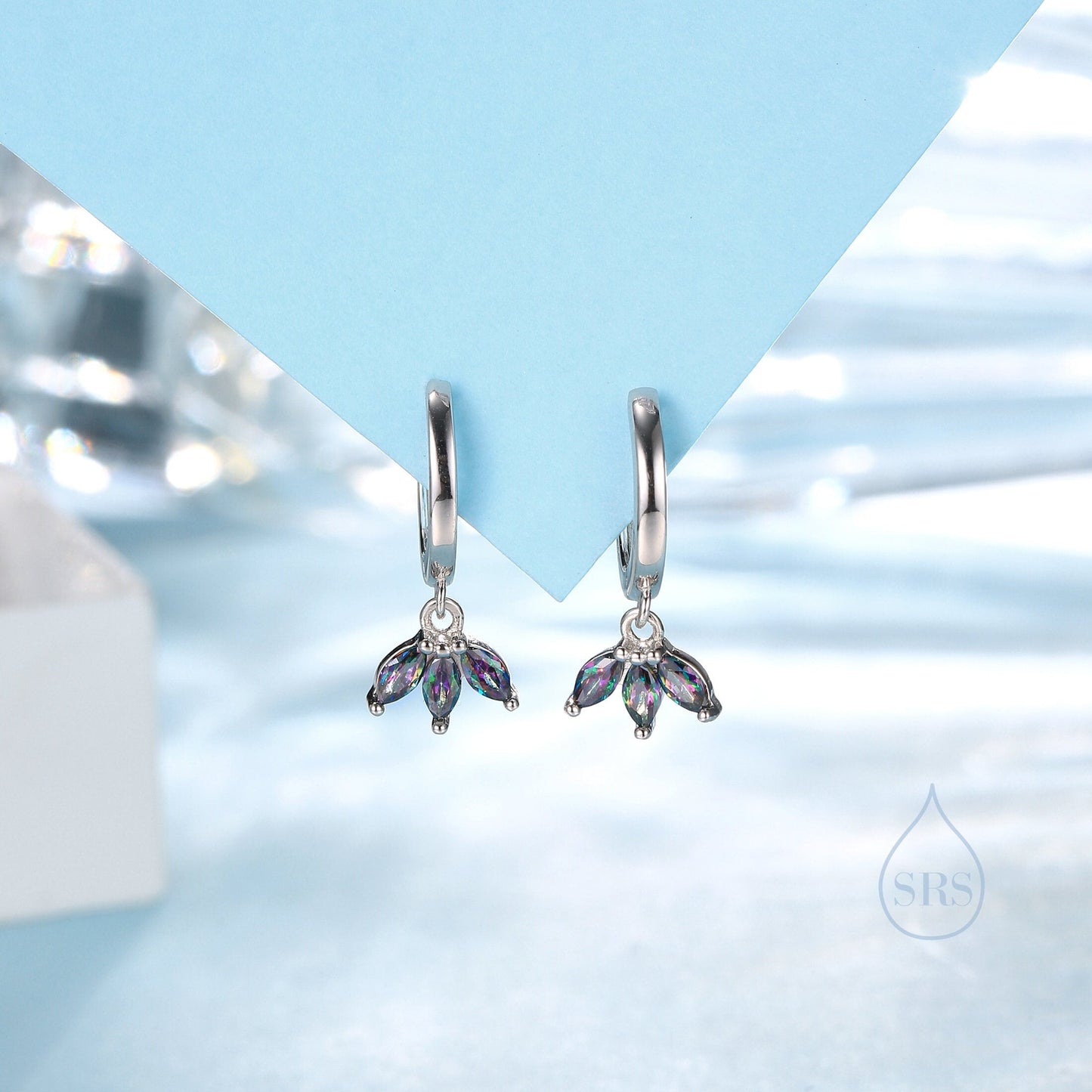 Mystic Black CZ Marquise Crown Huggie Hoop Earrings in Sterling Silver, Silver or Gold, Geometric Hoop Earrings, Mystic Topaz